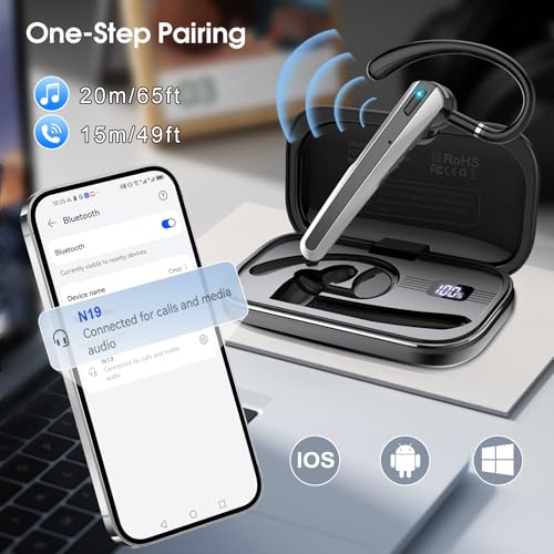 Atheewon Bluetooth Headset V5.3, Wireless Headset with ENC Noise Canceling Mic, 120Hrs Talk Single-Ear Bluetooth Earpiece, LED Display, IP7 Waterproof Hand-Free Earphone for Business/Trucker/Driver