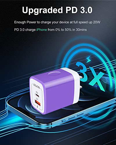 3Pack Dual Port USB-C Wall Plug-in USBC Charger, AILKIN 20W Power Delivery - color: Purple
