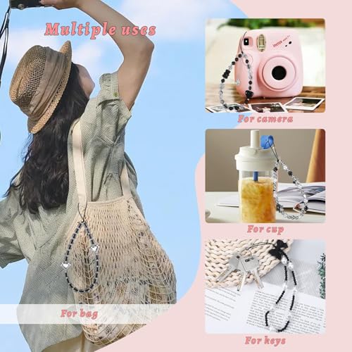 Pink Beaded Phone Wrist Straps, Y2K Phone Case Charms Camera Charm Strap, Lanyard Keychain Wristlet Aesthetic Cellphone Charm - style: 4 Black Chic Heart Bow