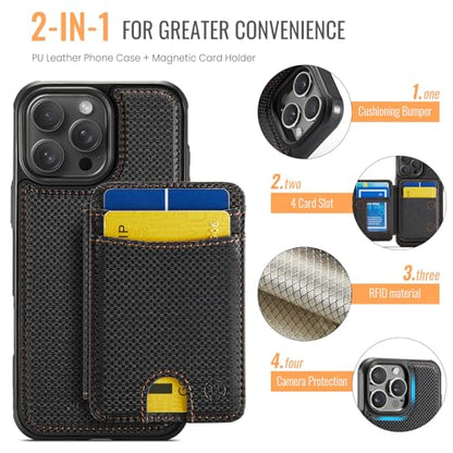WJX for iPhone 16 Pro MagSafe Wallet Case, 2-in-1 Detachable Luxury Card Holder, Universal MagSafe Compatible, RFID Blocking, Shockproof Kickstand Slim Cover， Carbon Fiber - color: Carbon Fiber, size: iPone 16 Pro