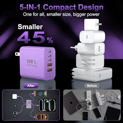 USB C Charger Block Fast Charging,60W Phone Charger USBC Wall Plug Adapter - color: Purple-2Pack