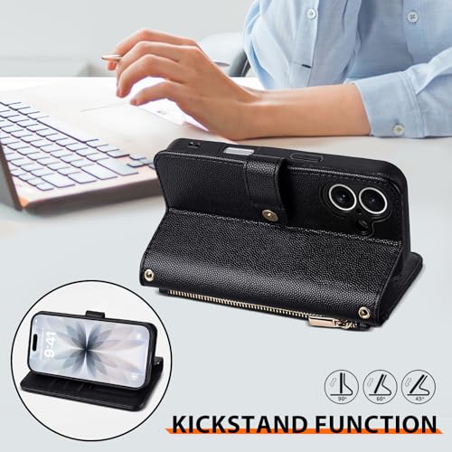 Wallet Phone Case Crafted for iPhone 17 Black | Women Wallet Flip Case Cover Wrist Strap Zipper Credit Card Holder Slots PU Leather - color: Black, size: iPhone 17