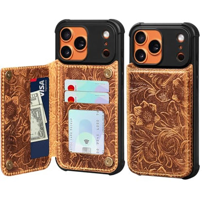 Wallet Real Leather Case Compatible With iPhone 17 Pro Max 6.9" | Genuine Leather,Shockproof, Anti-Fall Case,Flip Cover,with Card Slot,Double Magnetic Buckle,Kickstand,RFID Blocking Brown - color: Brown, size: 6.9"-17 Pro Max
