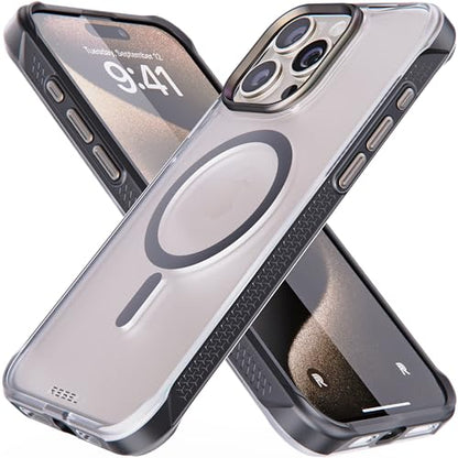 REBEL Clear Case for iPhone 15 Pro Max [Frosted Series Gen-5] Strong MagSafe Compatible, Grip Sides, Translucent Matte Texture, Protective Shockproof Bumpers, Metal Lens & Buttons, 6.7 Inch Phone 2023 - color: Frosted Black, size: iPhone 15 Pro Max