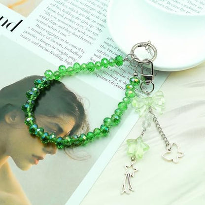 Crystal Beaded Phone Wrist Strap, Cute Cellphone Lanyard Chain, Bow Keychain Wristlet Bag Charms for Women - color: Green