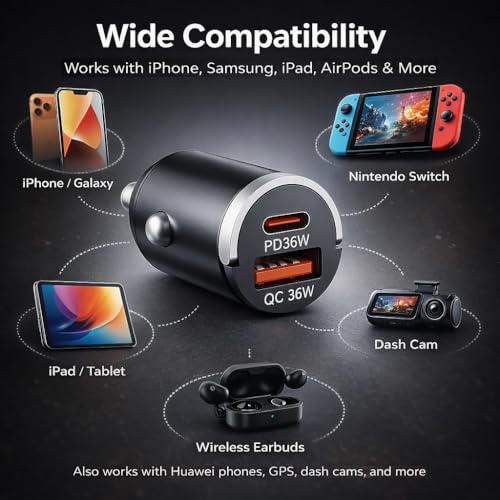 USB C Car Charger Fast Charging, 36W Dual Port Car Charger Adapter, PD 36W USB C & QC USB A, Mini Aluminum Car Charger for iPhone 17/16/15, Samsung, Huawei, iPad, AirPods