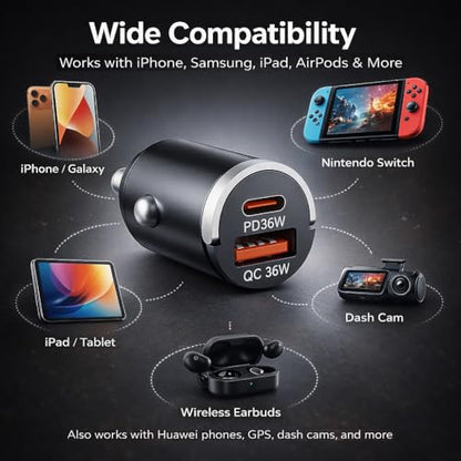 USB C Car Charger Fast Charging, 36W Dual Port Car Charger Adapter, PD 36W USB C & QC USB A, Mini Aluminum Car Charger for iPhone 17/16/15, Samsung, Huawei, iPad, AirPods