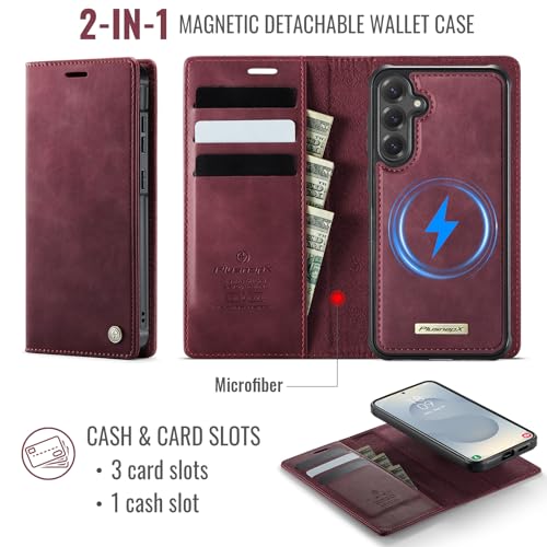 for Samsung Galaxy S25 5G 2in1 Detachable Wallet Case, Burgundy | Compatible with Magsafe, Magnetic, RFID Blocking Card Holder, Shockproof, Kickstand, Wireless Charging, PU Leather Flip Cover - color: Retro Burgundy, size: Galaxy S25 - 6.2"