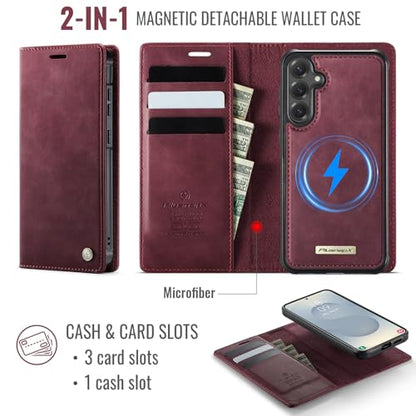 for Samsung Galaxy S25 Plus 2in1 Detachable Wallet Case, Burgundy | Compatible with Magsafe, Magnetic, RFID Blocking Card Holder, Shockproof, Kickstand, Wireless Charging, PU Leather Flip Cover - color: Retro Burgundy, size: Galaxy S25 Plus - 6.7"