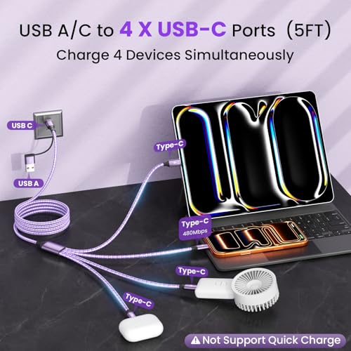 USB C Splitter Multi Charging Cable for Multiple Devices, Purple, 2Pack 5FT - color: Purple&2PCS