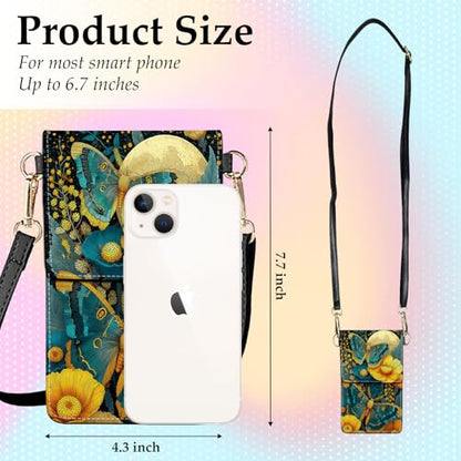 Small Crossbody Bags for Women Touchscreen Cell Phone Bag Cross Body Purses with adjustable Strap,Gifts For Teenage Girls-Teal Yellow Butterflies Art