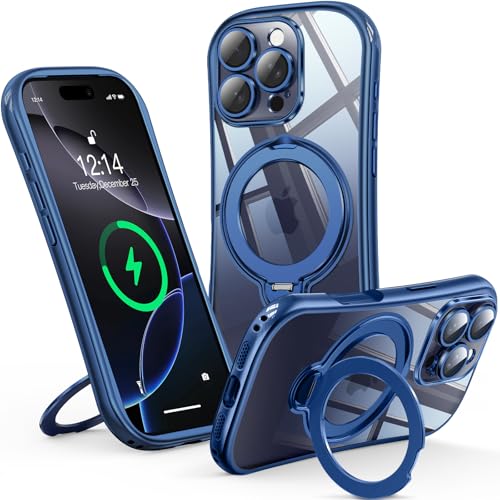 Reukdnv 360° Spin Magnetic Stand for iPhone 16 Pro Case [Full Camera Protection] [Fit for MagSafe] [Anti-Yellowing] Shockproof Protective Kickstand Plating TPU Cover for 16 Pro 6.3", Deep Blue - color: Blue, size: iPhone 16 Pro