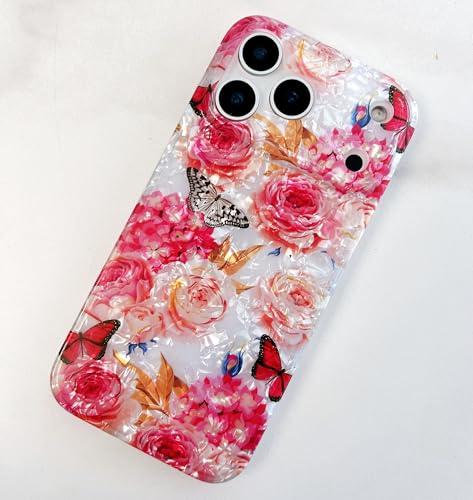 Qokey Compatible with iPhone 17 Pro Max Case 6.9", Cute Clear Flowers Design for Girls Women Shell Pattern Soft Bumper Lightweight Slim Fit TPU Shockproof Phone Cover, Rose Butterfly - color: Rose Butterfly