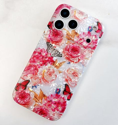 Qokey Compatible with iPhone 17 Pro Max Case 6.9", Cute Clear Flowers Design for Girls Women Shell Pattern Soft Bumper Lightweight Slim Fit TPU Shockproof Phone Cover, Rose Butterfly - color: Rose Butterfly