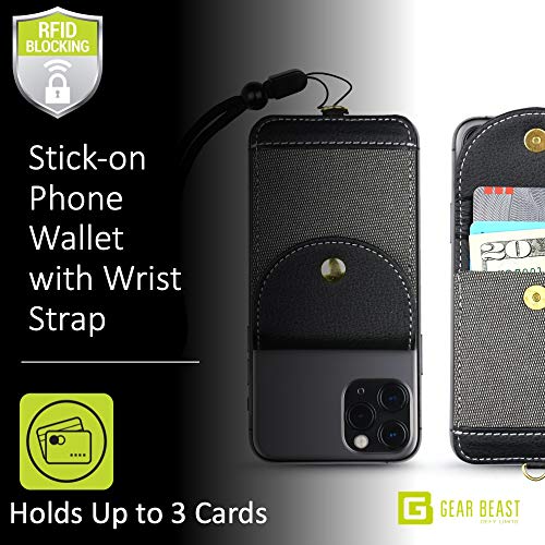 Cell Phone Wallet for Back of Phone with Wrist Strap, Stick On Wallet Credit Card ID Holder with RFID Protection Compatible with iPhone, Galaxy & Most Smartphones and Cases - color: Purple