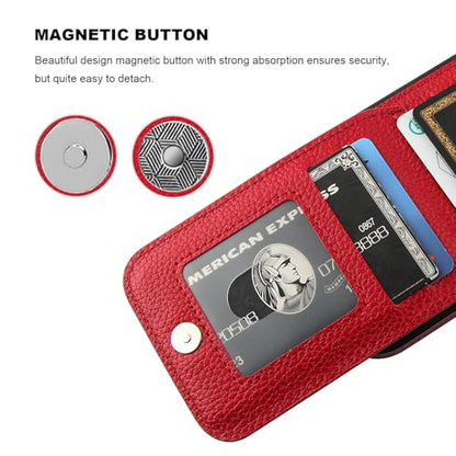 KIHUWEY for iPhone 17 Wallet Case Card Holder Kickstand, Lichee Red | Credit Card Slots, PU Leather, Magnetic Clasp, Flip Heavy Duty Protection Cover for Men and Women - color: Lichee Red