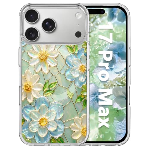 for iPhone 17 Pro Max Magnetic Case【Compatible with MagSafe】 Aesthetic Oil Painting Stained Glass Flower Design, Slim Fit Hard PC Back Shockproof Cute Clear Phone Cover, White Blue - color: White Blue, size: iPhone 17 Pro Max