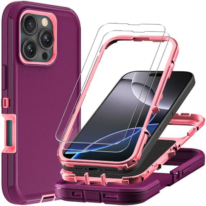 for iPhone 16 Pro Max Case with 2Pcs Tempered Glass Screen Protector, Military Grade 3 in 1 Heavy Duty Shockproof/Drop Proof/Dust Proof Case (Wine Red/Rose Pink) - color: Wine Red/Rose Pink
