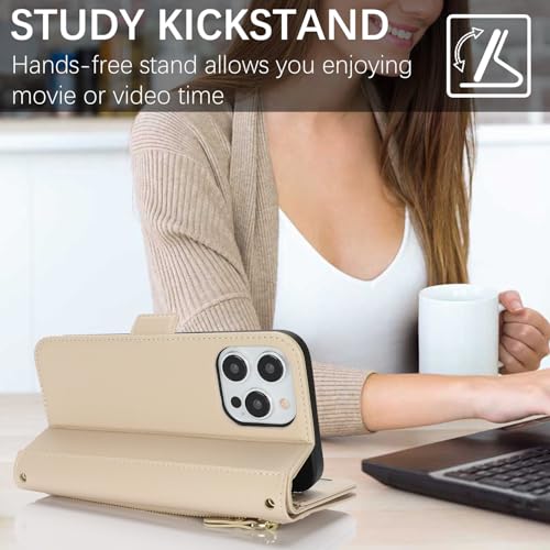 for iPhone 15 Pro Wallet Case for Women,for iPhone 15 Pro Case with Strap Crossbody Lanyard,PU Leather Shockproof Card Holder Stand Zipper Pocket Flip Phone Case-Beige - color: Beige