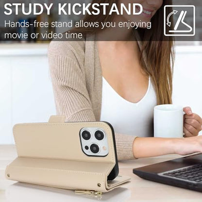 for iPhone 15 Pro Wallet Case for Women,for iPhone 15 Pro Case with Strap Crossbody Lanyard,PU Leather Shockproof Card Holder Stand Zipper Pocket Flip Phone Case-Beige - color: Beige
