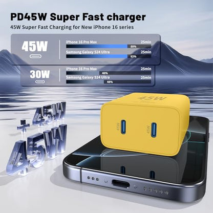 QZIIW iPhone 17 16 15 Pro Max Fast Charger,45W Dual Port USB C Fast Charger - color: Yellow, size: 3FT+6FT+10FT+10FT