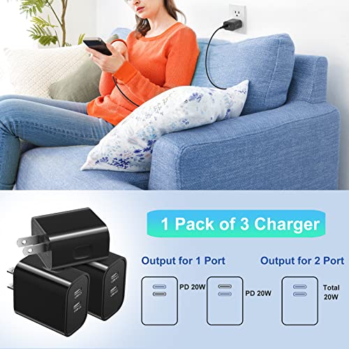 USB C Wall Charger 3 Pack, Costyle 20W Dual Double Port USB C Charger Block - color: Black