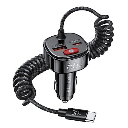 Syncwire USB C Car Charger 66W Super Fast Car Adapter with 6FT Coiled Cable - size: 6 feet