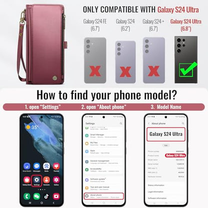 Defencase for Samsung Galaxy S24 Ultra Wallet Case with Card Holder, W-Red | Durable PU Leather, with RFID Blocking Zipper Pocket, Wrist Strap, S24 Ultra Flip Phone Cases Cover with Stand for Women Men - color: Wine Red