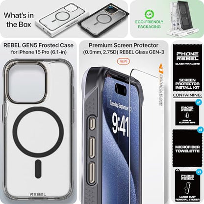 REBEL Clear Case for iPhone 15 Pro [Frosted Series Gen-5] Strong MagSafe Compatible, Grip Sides, Translucent Matte Texture, Protective Shockproof Bumpers, Metal Lens & Buttons, 6.1 Inch Phone 2023 - color: Frosted Black, size: iPhone 15 Pro