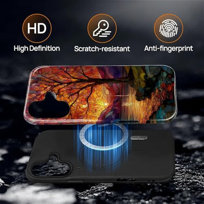 Magnetic Phone Case for iPhone 16,Compatible with MagSafe,Durable 2 Layers Full Covered Shockproof Protective Cover-Stained Glass Sunrise Fall Leaves - color: Stained Glass Sunrise Fall Leaves, size: iPhone 16