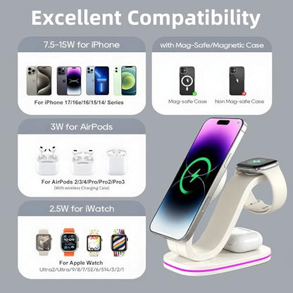 2026 New Fast 15W 3 in 1 Charging Station for iPhone Compatible Magnetic