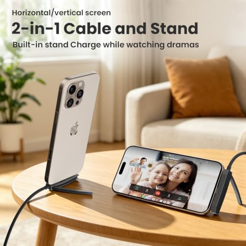 USB C to Lightning Charging Cable with Stand - 90 Degree 2 in 1 Invisible Holder Charger Cable for iPhone 14/13/12/11 Pro Max XS XR iPad, 27W PD Fast Charging Sideways Flat iPhone Cord Cable 6FT