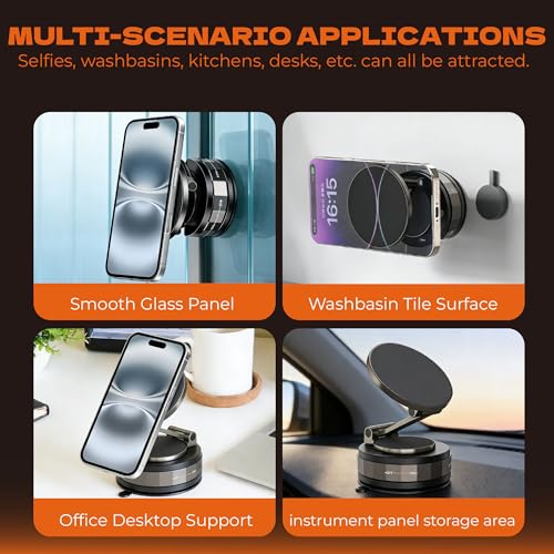 Magnetic Phone Holder for Car 2.01 Inch, Super Strong Vacuum Suction Cup, 360° Rotation Magsafe Car Mount for Dashboard Windshield, Foldable Aluminum Car Accessories for iPhone Samsung