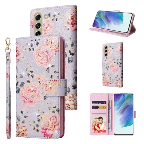 UEEBAI Wallet Case for Samsung Galaxy S22 5G, PU Leather Phone Case Kickstand RFID Blocking Flip Case Card Slots Wrist Strap Relief Engraved Pattern Magnetic Closure Flower Folio Case, Purple Rose - color: Purple Rose, size: Samsung Galaxy S22 5G