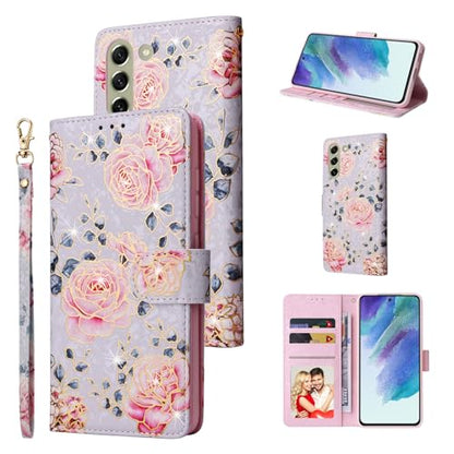 UEEBAI Wallet Case for Samsung Galaxy S22 5G, PU Leather Phone Case Kickstand RFID Blocking Flip Case Card Slots Wrist Strap Relief Engraved Pattern Magnetic Closure Flower Folio Case, Purple Rose - color: Purple Rose, size: Samsung Galaxy S22 5G