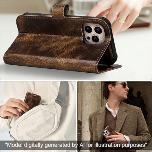 Leather Case Compatible with iPhone 16 Pro Wallet 6.3" | Genuine Leather 2-in-1 Magnetic Detachable Shockproof,Flip Folio Cover with Card Slot,RFID Blocking Brown Coffee - color: Brown Coffee, size: 16 Pro