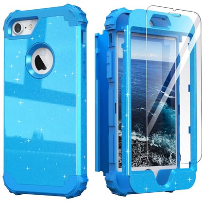 IDweel for iPhone 8 Case & for iPhone 7 Case with Screen Protector,Luxury 3 in 1 Shockproof Hybrid Heavy Duty Hard PC Cover Soft Silicone Sturdy Bumper Full Body Sturdy Cover,Glitter Sky Blue - color: Glitter Sky Blue