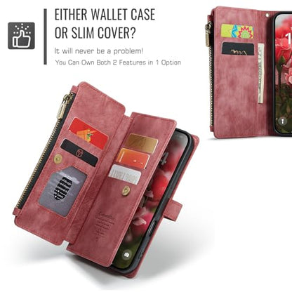 Compatible with iPhone 17 Wallet Case with Card Holder Kickstand Magnetic Zipper Pocket Lanyard Strap Wristlet,Leather Flip Case Wallet for iPhone 17 6.3 Inch (Red) - color: Red, size: iPhone 17 6.3 Inch