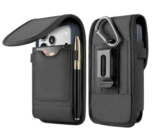 Magnetic Cell Phone Holster with Belt Clip for iPhone Samsung Galaxy | N52 magnetic closure, fits OtterBox. Card slot + pen holders 4-way carry: belt loops, clip, ring, fieldwork, hiking For Men - size: X-Large