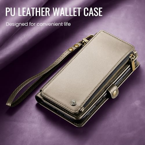 Defencase for iPhone 16 Pro Max Wallet Case with RFID Card Holder, Titanium | Durable Soft PU Leather, with Zipper Pocket, Wrist Strap, Fashion Snap Flip Phone Cases Cover with Stand for Women and Men - color: Desert Titanium