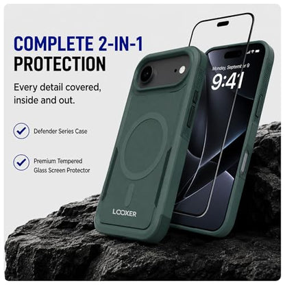 LOOXER® Heavy Duty Rugged Magnetic Case for iPhone 17 Air (6.5”) | Military Grade Shockproof Protection,MagSafe Compatible+ Tempered Glass Included (Green, 17 Air) - color: Green, size: 17 Air