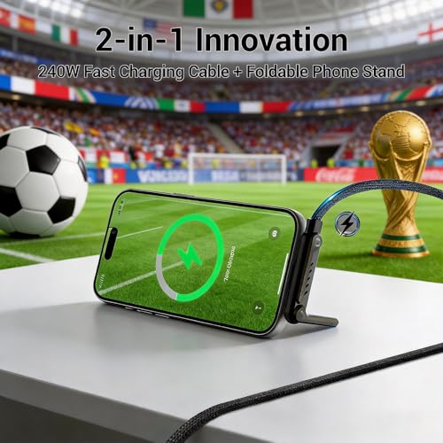 Invisible Holder Charger Cable, 240W PD Fast Charging Cable for Desk, USB-C to USB-C Cable 4.9 FT with 360° Adjustable Metal Stand, Invisible Holder for Gaming, Office & Home