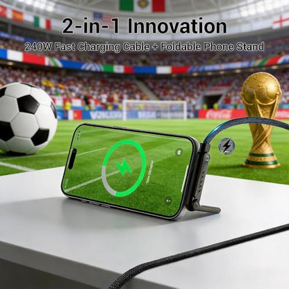 Invisible Holder Charger Cable, 240W PD Fast Charging Cable for Desk, USB-C to USB-C Cable 4.9 FT with 360° Adjustable Metal Stand, Invisible Holder for Gaming, Office & Home