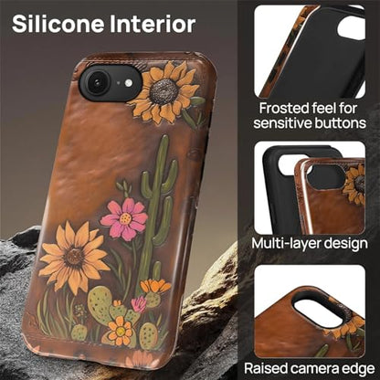 Magnetic Case for iPhone 16e, Compatible with Magsafe,PC Hard Shell & Silicone Inner Bumper, Anti-Scratch Full-Body Cover Shockproof Slim Design - Retro Cactus Sunflower - color: Retro Cactus Sunflower, size: iPhone 16e