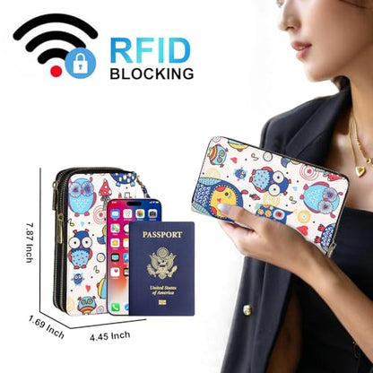 Cellphone Wallet for Women with Wrist Strap, RFID Blocking Credit Card Holder Large Size Clutch Purse, Owl - color: Owl
