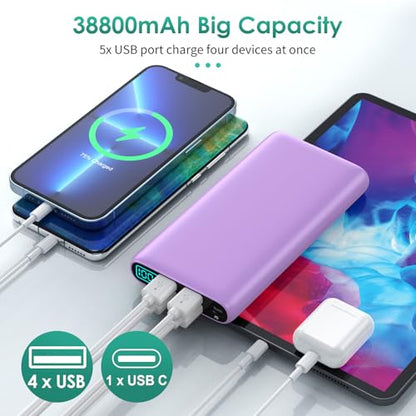 Portable Charger 38800mAh,LCD Display Power Bank,5 USB Outputs Battery Pack Backup, USB-C 3A in&Out Travel Essential Portable Phone Charger for iPhone 18/17/16/15/14 Pro,Android… - color: Purple