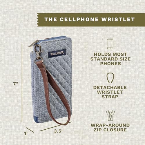 Bella Taylor Cell Phone Wristlet, Quilted Phone Wallet for Women | Lightweight, RFID blocking, phone pocket, built-in wallet, card organizer, coin pocket, secure zipper, quality construction - color: Blue Chambray