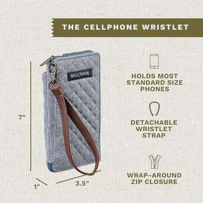 Bella Taylor Cell Phone Wristlet, Quilted Phone Wallet for Women | Lightweight, RFID blocking, phone pocket, built-in wallet, card organizer, coin pocket, secure zipper, quality construction - color: Blue Chambray