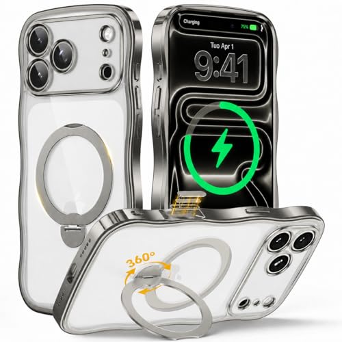 GolbinBox iPhone 17 Pro MagSafe Ring Stand Wave Case, Titanium Gray/Clear | Premium electroplated wave frame, stable MagSafe charging, reinforced corners, and raised camera and screen edges. - color: Titanium Gray/Clear, size: For iPhone 17 Pro 6.3 Inch
