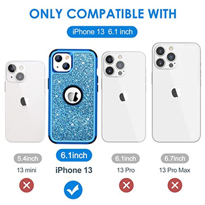 Hython Case for iPhone 13 Case Glitter, Cute Sparkly Shiny Bling Sparkle Cover, Heavy Duty 3 in 1 Hybrid Hard PC Soft TPU Bumper Full Body Shockproof Protective Phone Cases for Women Girls, Blue - color: Blue